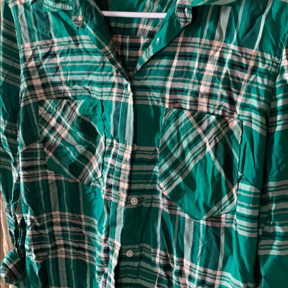 Green and White Plaid Button Down Shirt, NWT!